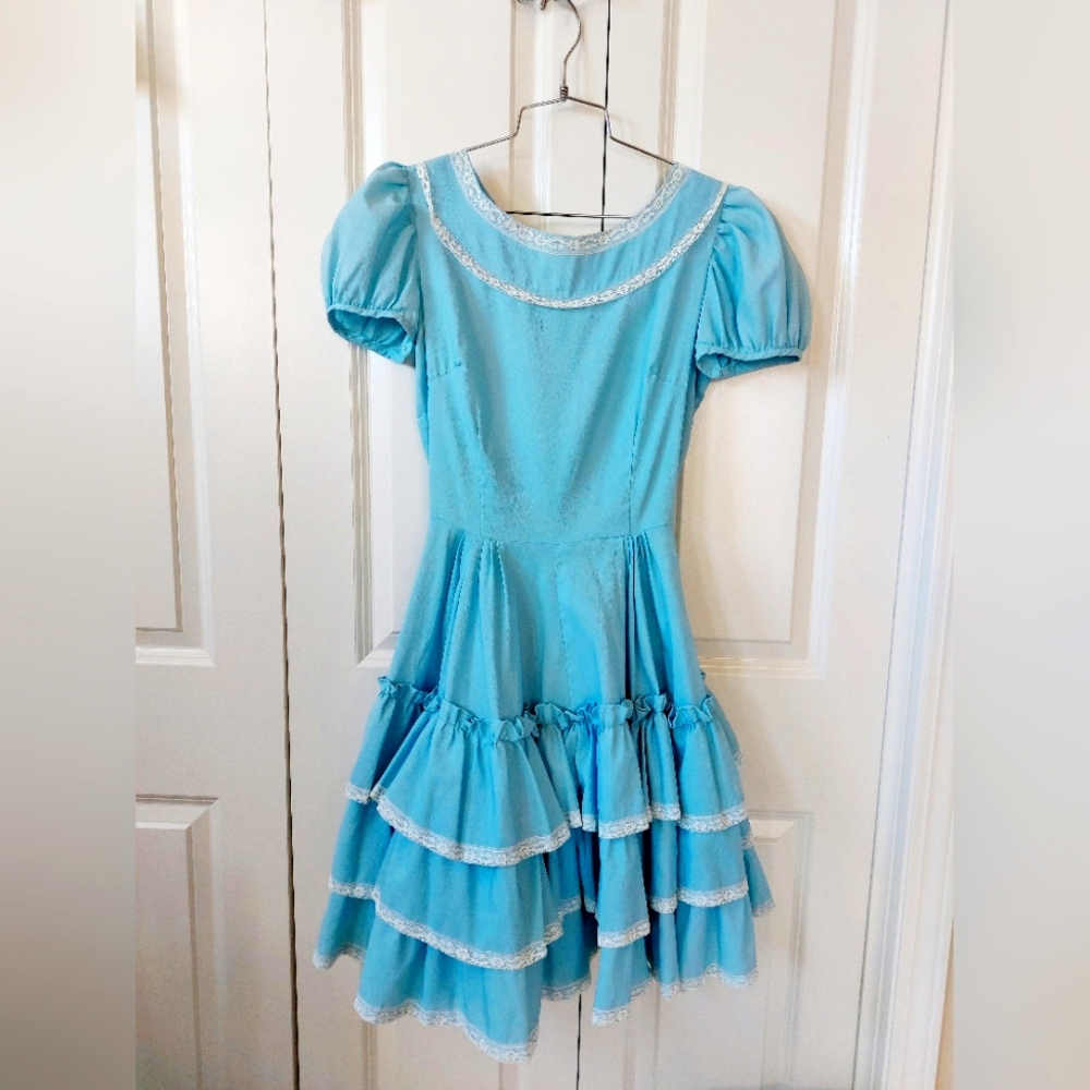 Light Blue Circle Skirt Swing Dress XXSmall Squaredance 50s Vintage "size 12"